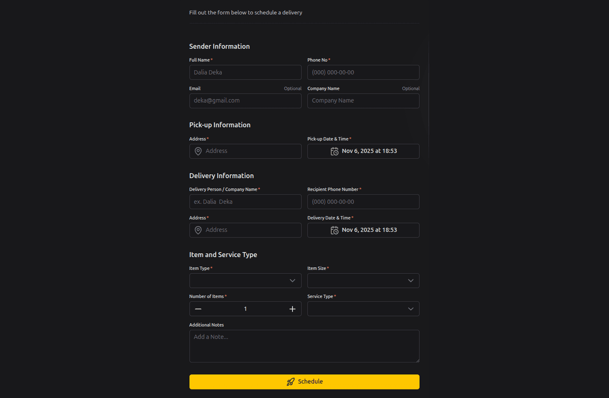 Online order form screenshot